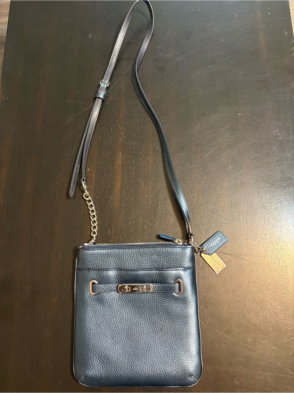 Coach Swagger Swingpack in Silver /Blue Metallic Pebble Leather, Style 36502
